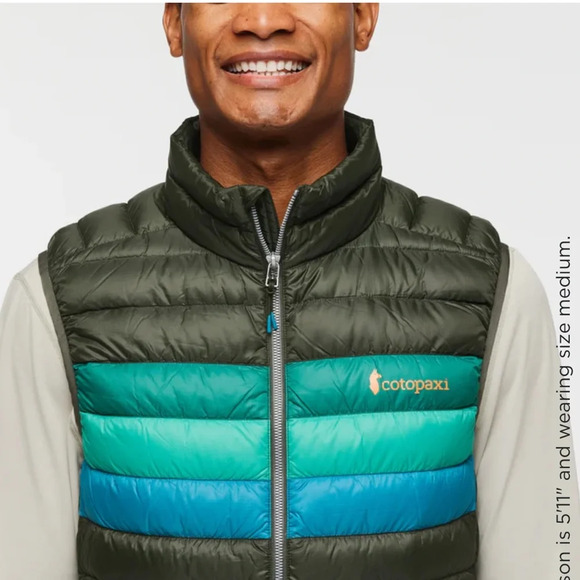 Cotopaxi Men's XL Fuego Down Vest Green Blue Woods Stripes NWT Puffy Puff Puffer - Picture 14 of 15